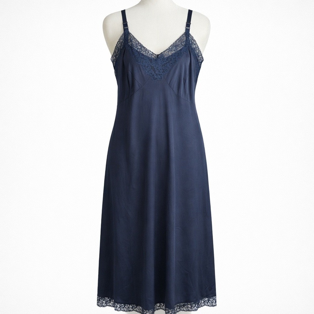 Vintage‎ Lace Whimsigoth Satin Full Slip Dress Size M Navy Blue Fairy Romantic